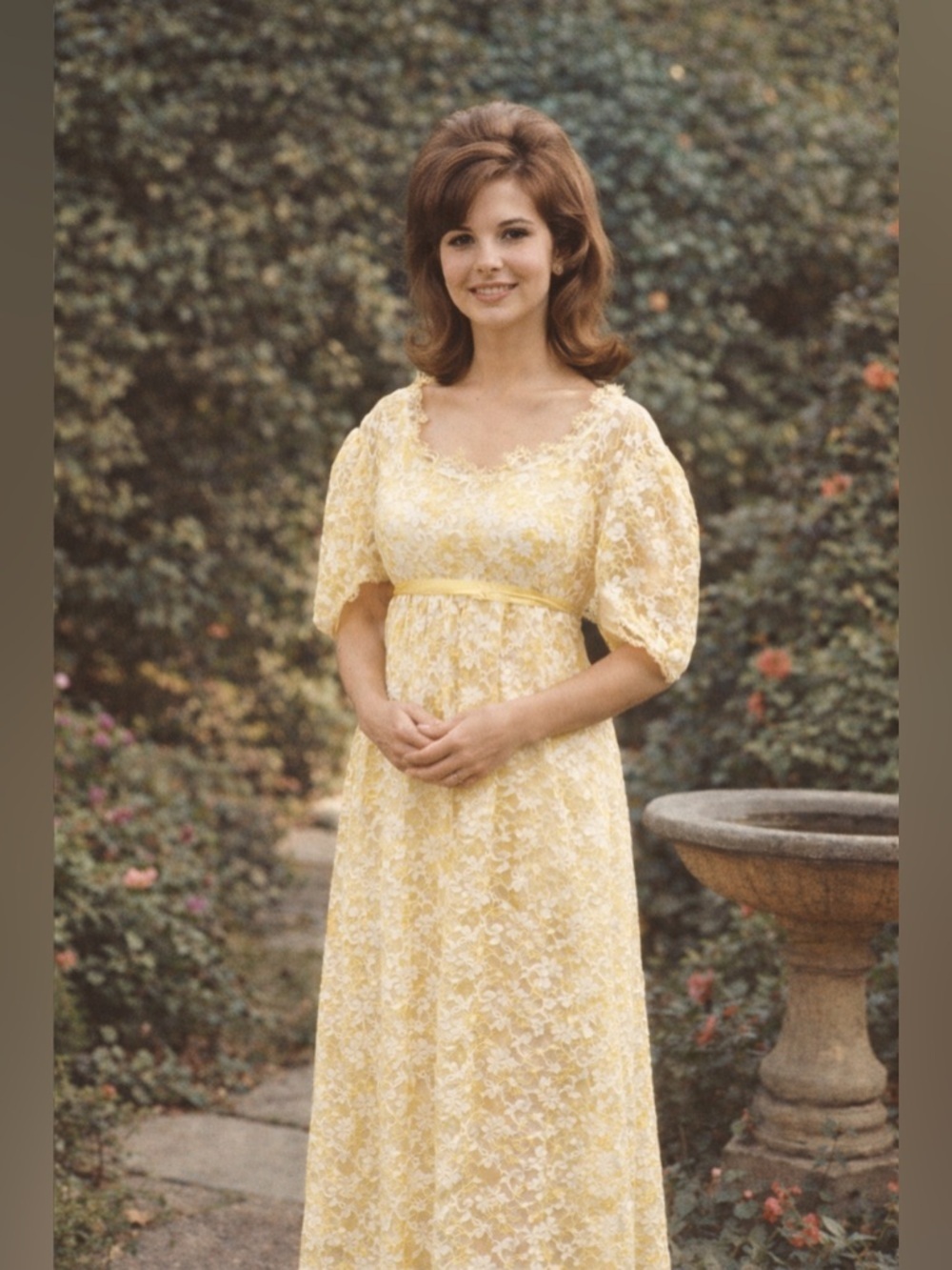 Vintage 1960s Yellow Taffeta Floral Overlay Prom Dress | Puffed Sleeves  Gown